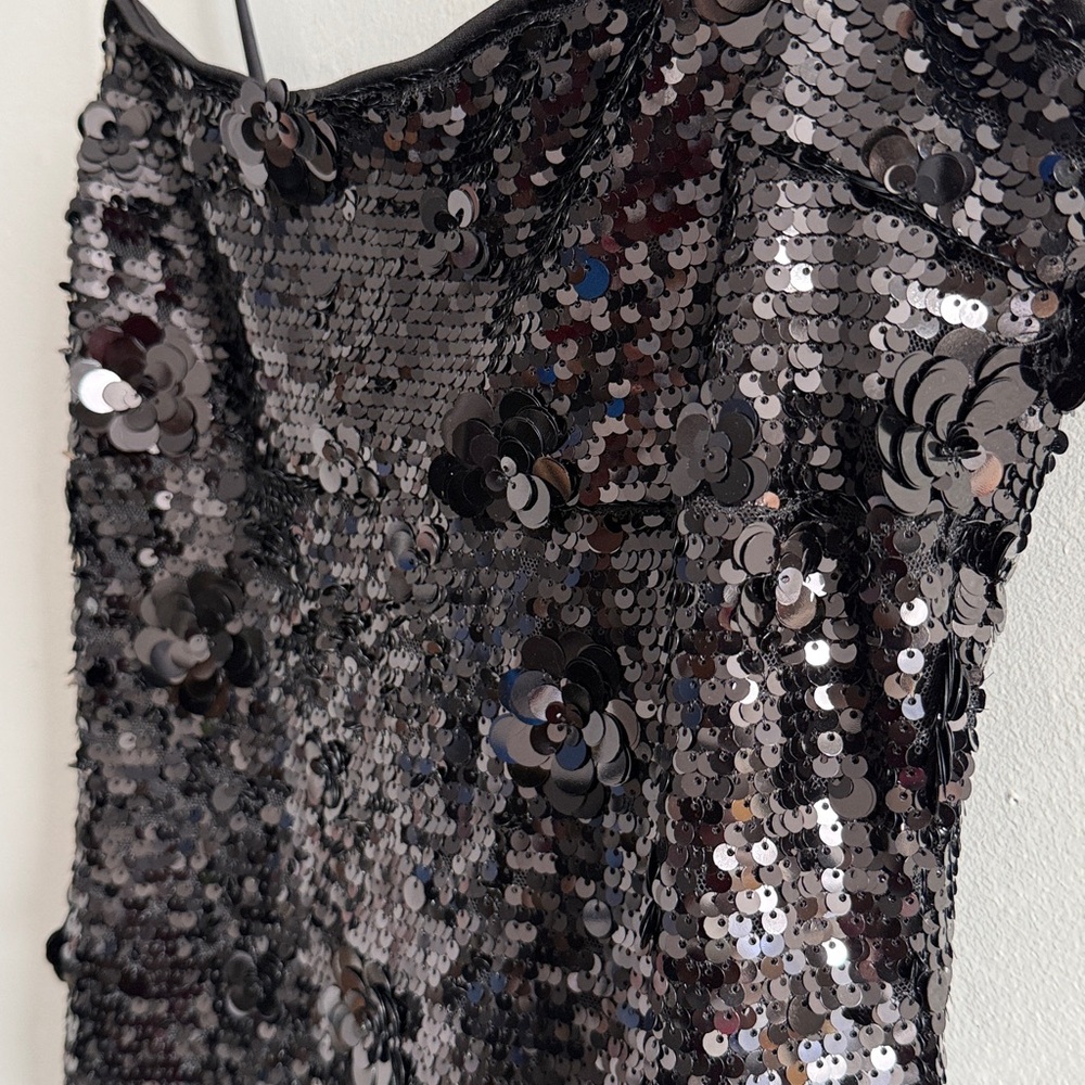 Zara Black Sequined Slip Dress with sequin flower detail Small - Picture 4 of 8